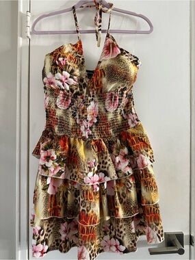 Fusionista Floral Animal Print Ruffle Halter Mini Dress Size XL $60